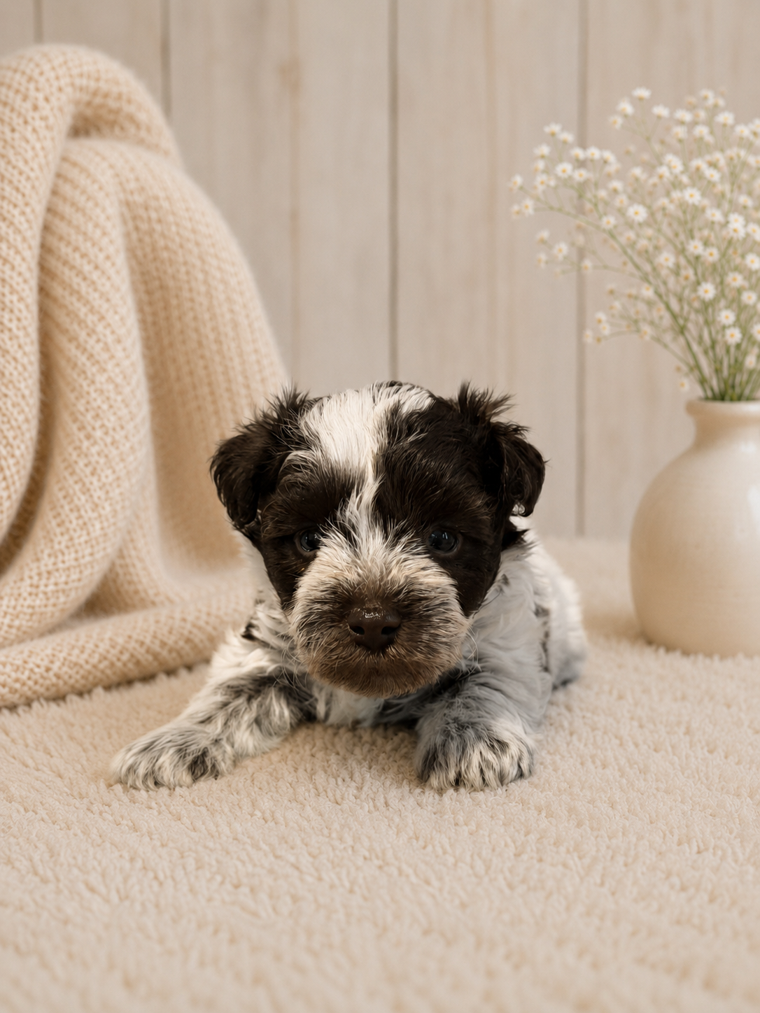 Ranger, mega coat liver roan Miniature Schnauzer puppy looking at the camera